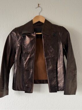 AllSaints Metallic Brown Leather Button-Front Jacket